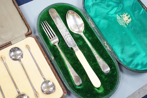 Three assorted silver cased sets, including coffee spoons, christening trio and spoon and pusher.